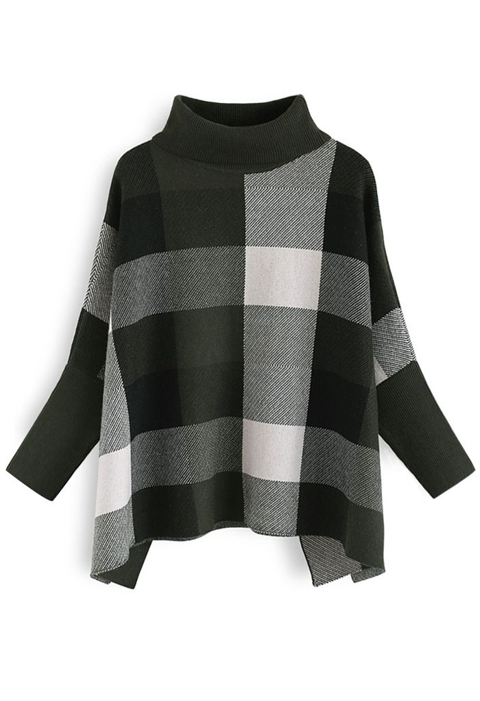 Lie in Check Fields Turtleneck Cape Sweater in Army Green