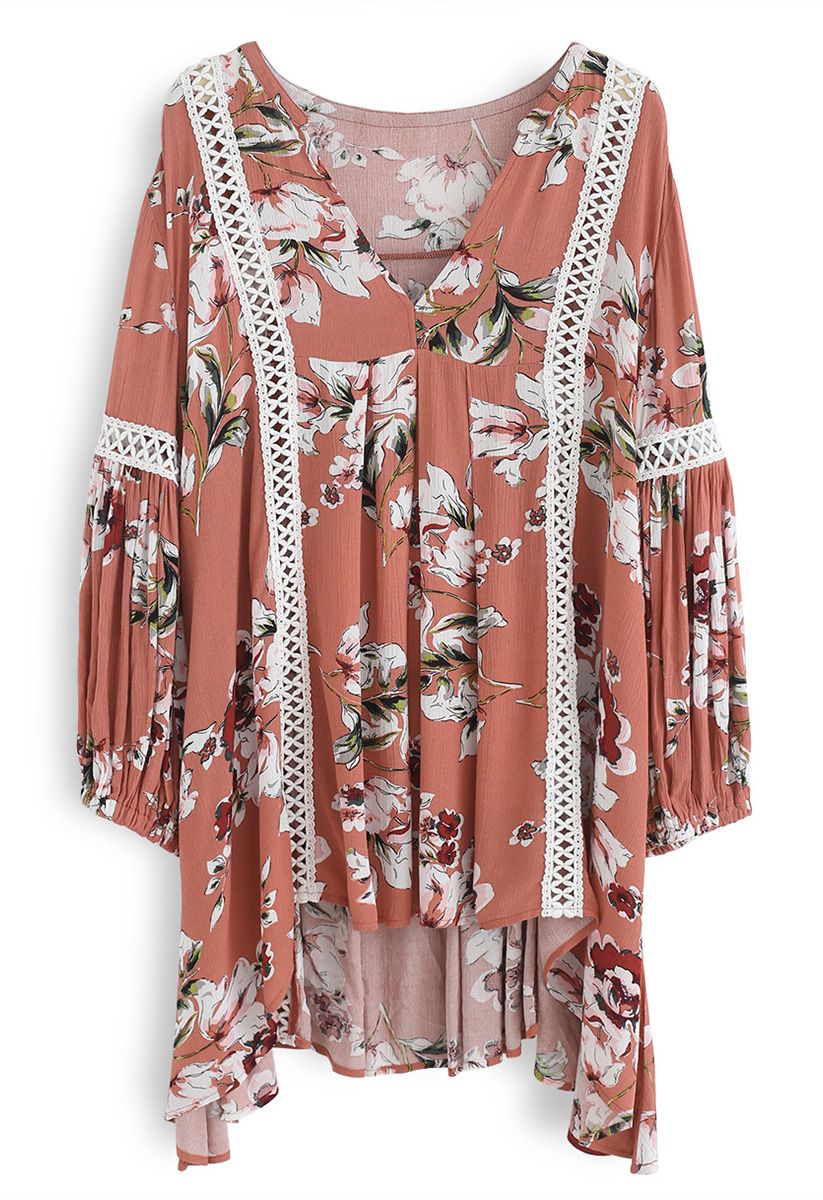Engrossing Floral V-Neck Tunic in Coral