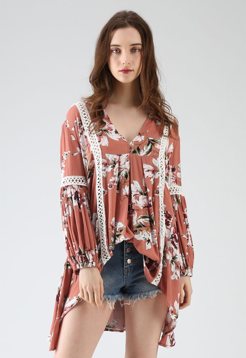 Engrossing Floral V-Neck Tunic in Coral