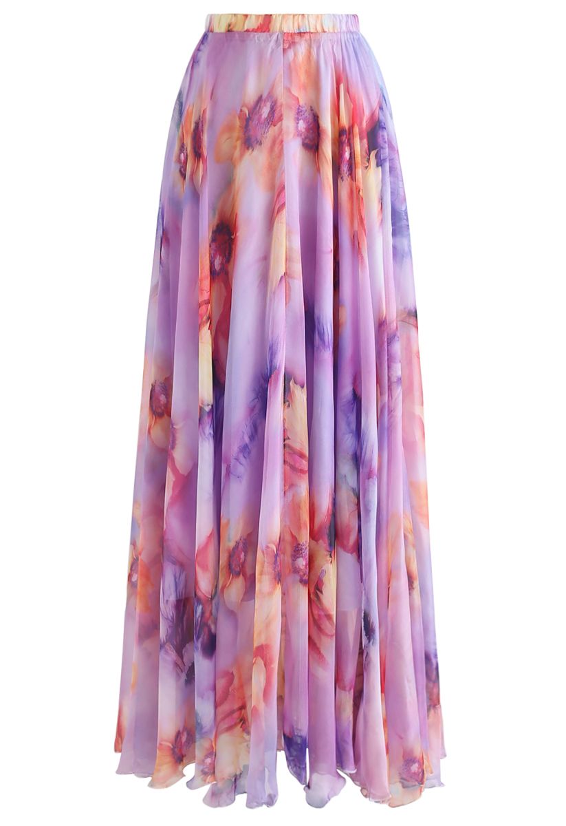 Blooming Flowers Watercolor Maxi Skirt in Lilac