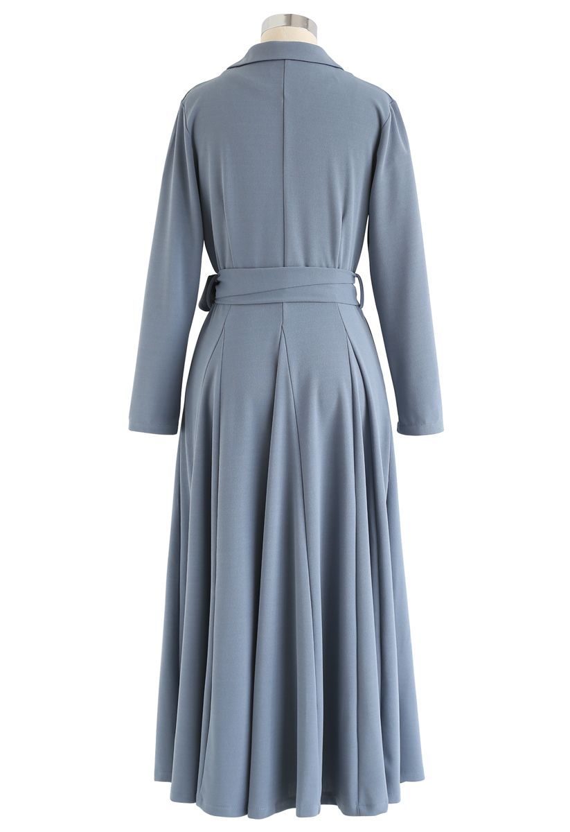 Self-Tied Bowknot Double-Breasted Maxi Dress in Dusty Blue
