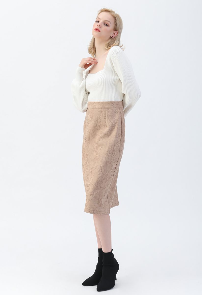 Snake Print Faux Suede Pencil Skirt 