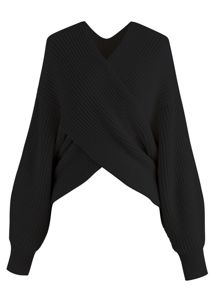 Crisscross Ribbed Knit Crop Sweater in Black