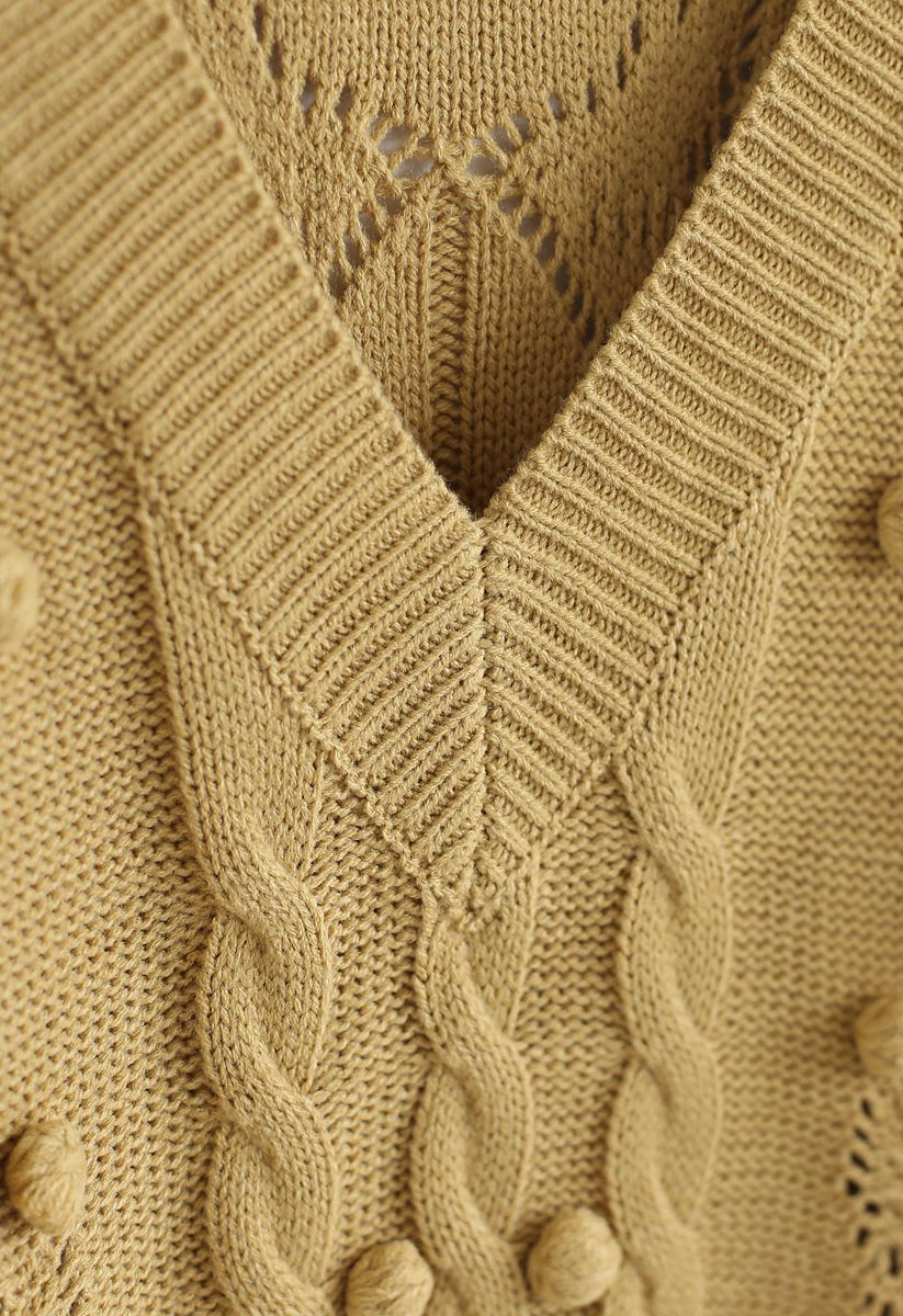 V-Neck Pom-Pom Cable Knit Sweater in Mustard
