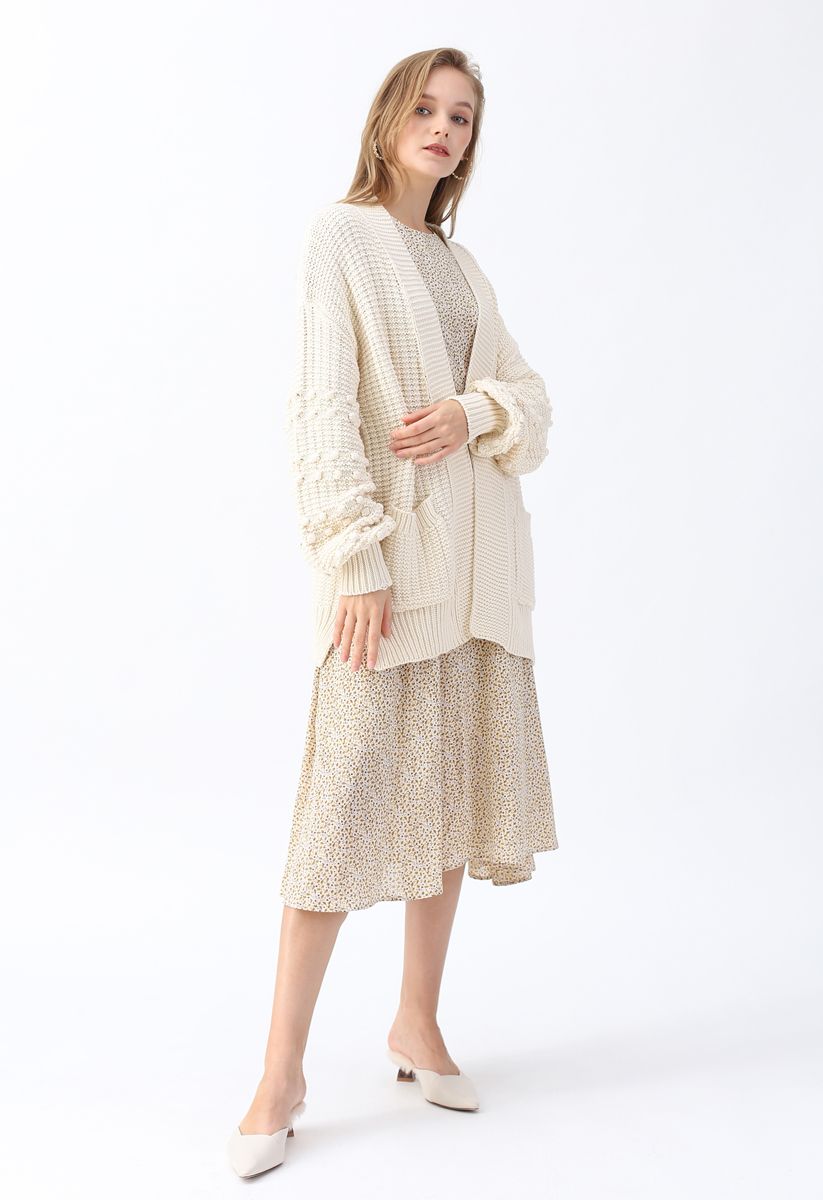 Bubble-Sleeve Pockets Cardigan with Pom-Pom Detail in Ivory  