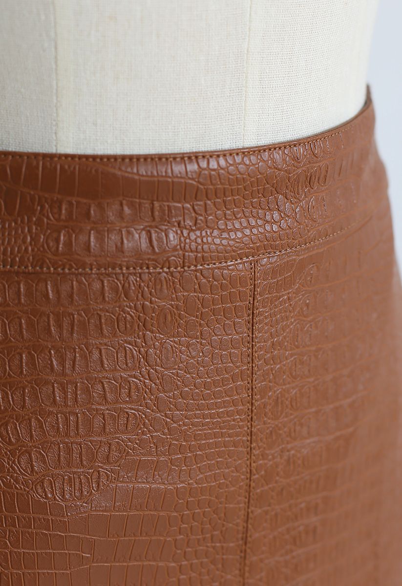 Crocodile Print Faux Leather Skirt in Caramel