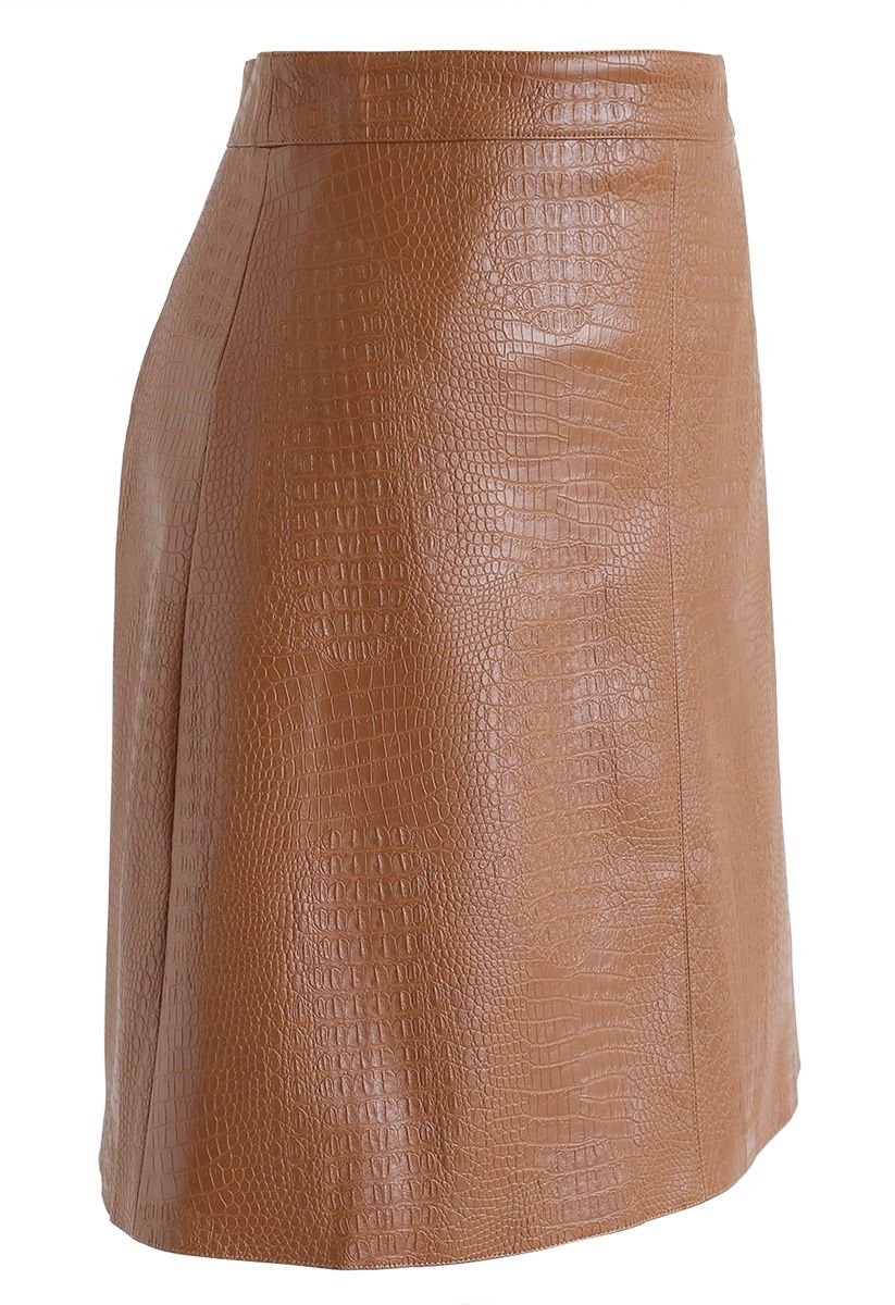 Crocodile Print Faux Leather Skirt in Caramel