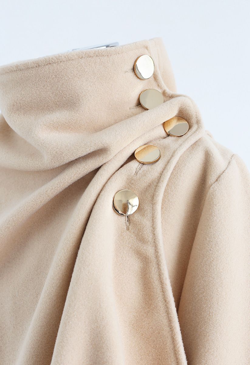 Asymmetric Hem Button Wrap Cape Coat in Light Tan