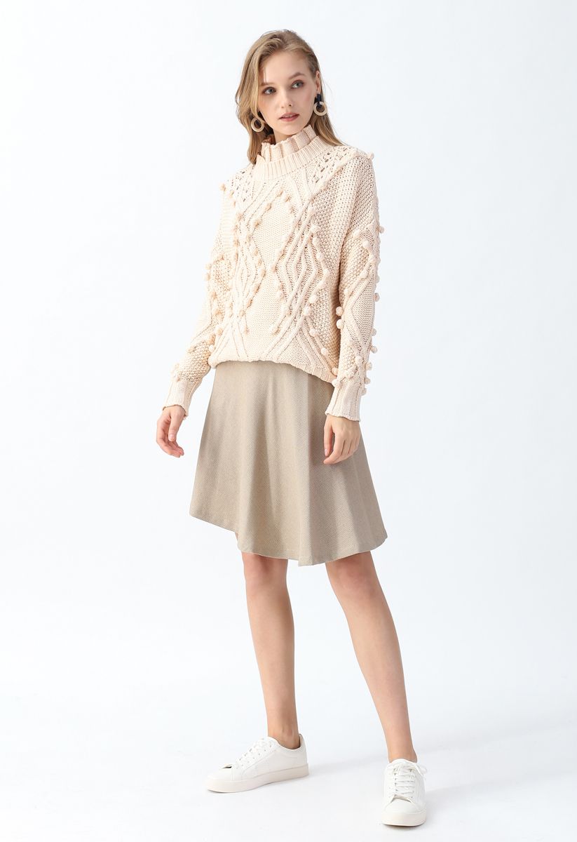 Hollow Out Pom-Pom Cable Knit Sweater in Cream