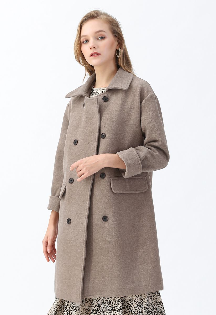 Flap Pockets Double-Breasted Wool-Blend Coat in Brown