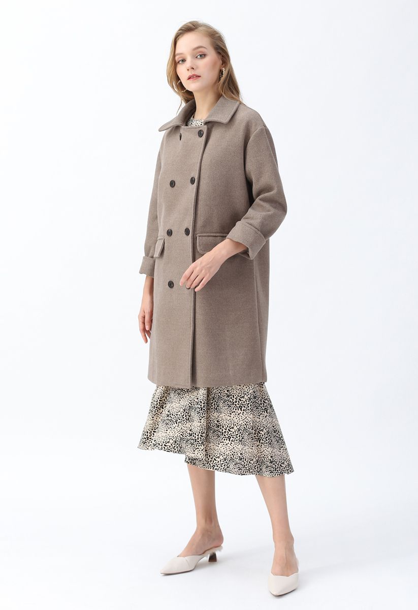 Flap Pockets Double-Breasted Wool-Blend Coat in Brown