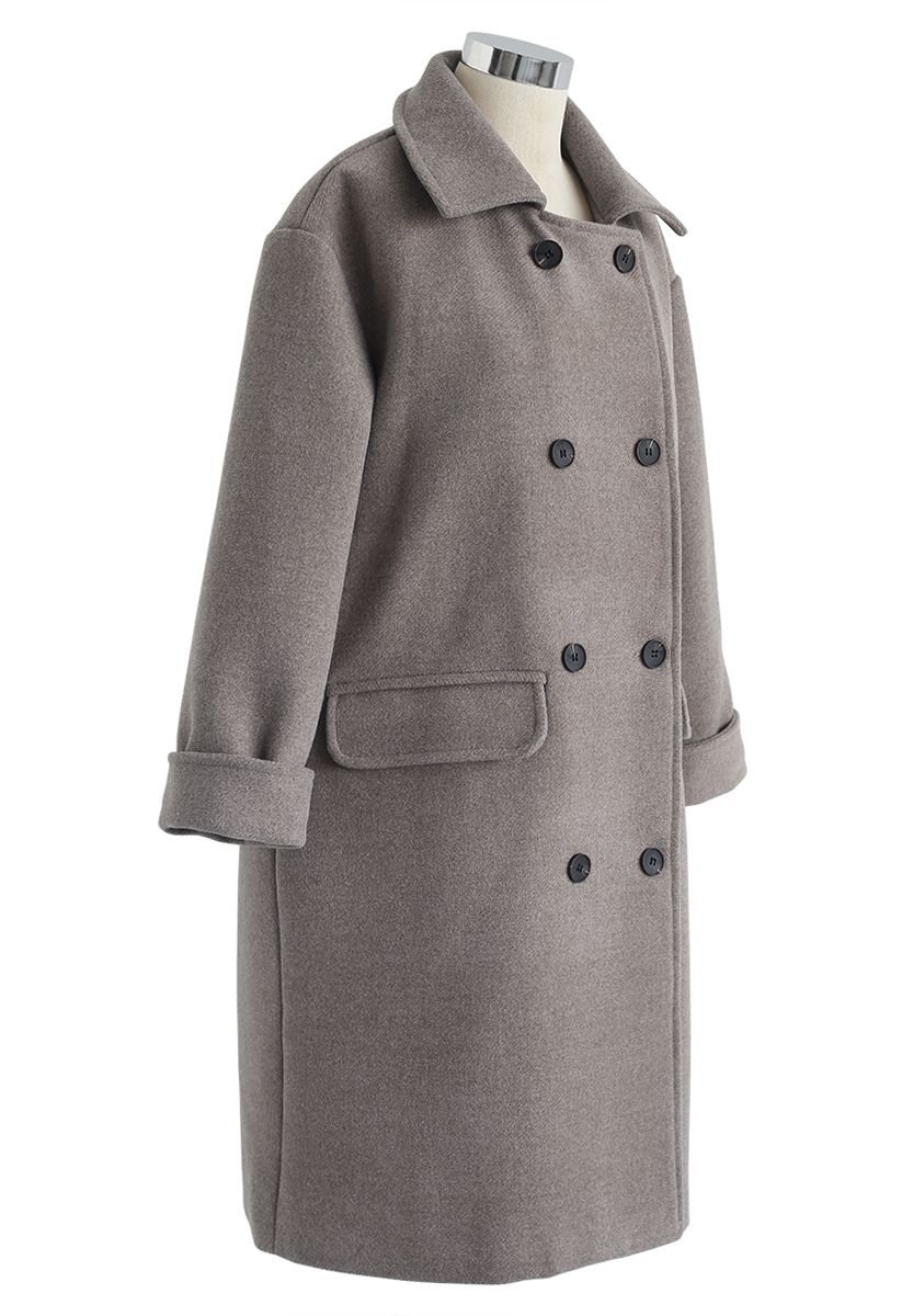 Flap Pockets Double-Breasted Wool-Blend Coat in Grey