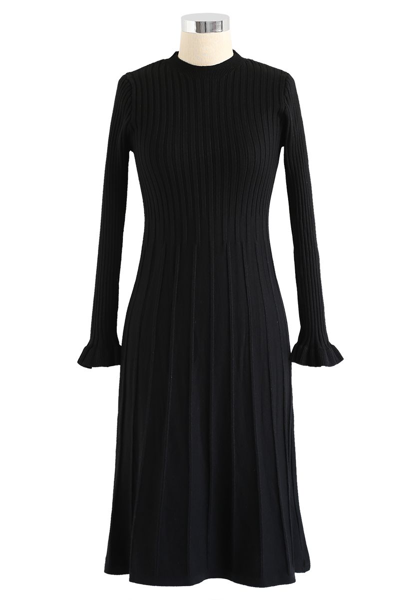 Mock Neck Pleated Knit Twinset Dress in Black