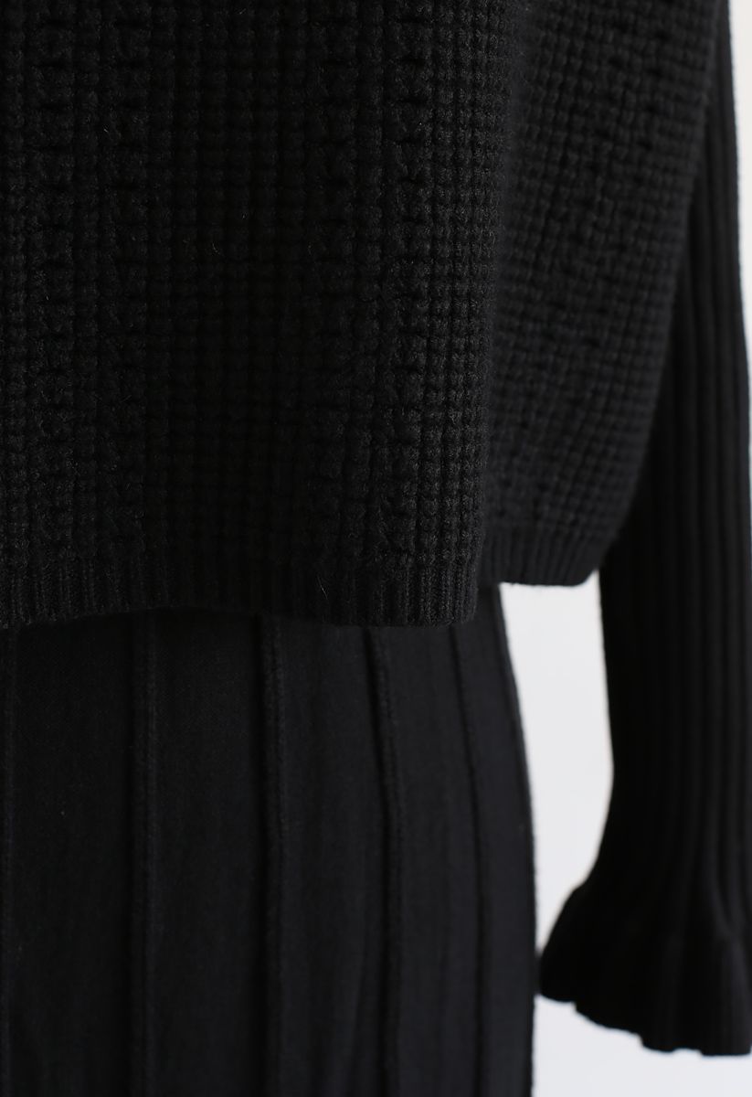 Mock Neck Pleated Knit Twinset Dress in Black