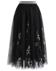 Falda de tul de malla de estrella bordada con lentejuelas en negro