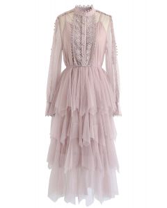 Lacy Sleeves Tiered Mesh Dress in Pink