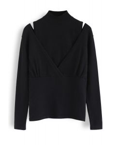 Fake Two-Piece Mock Neck Wrap Knit Top in Black