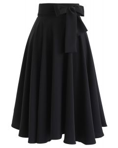 Flare Hem Bowknot Waist Midi Skirt in Black