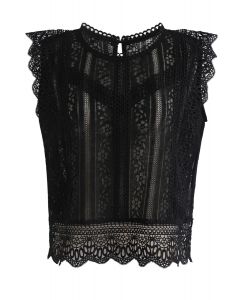 Crochet Trim Sleeveless Lace Top in Black