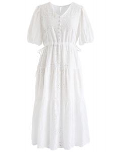Zigzag Eyelet Floral Embroidered Flare Midi Dress in White