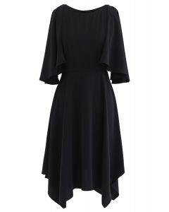 Asymmetric Cold-Shoulder Midi Dress in Black