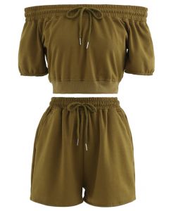 Drawstring Off-Shoulder Crop Top and Shorts Set in Moss Green
