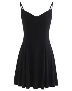 Fit and Flare Ribbed Cami Skater Dress in Black