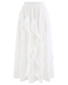 Ruffle Trim A-Line Cotton Midi Skirt in White