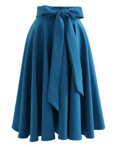 Flare Hem Bowknot Waist Midi Skirt in Peacock Blue