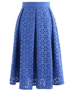 Snowflake Cutwork Jacquard Pleated Skirt in Blue
