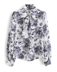 Floral Watercolor Self-Tie Bowknot Neck Shirt