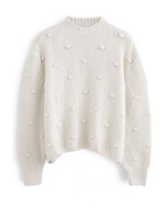 3D Dot High Neck Knit Sweater in Cream