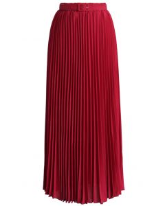 Belted Pleated Chiffon Maxi Skirt in Ruby 