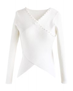 Pearls Lover Wrapped Knit Top in White