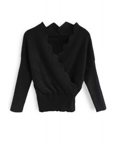 Cafe Time Wavy Wrap Knit Top in Black