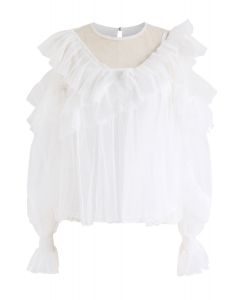 Angel Smile Cold-Shoulder Ruffle Mesh Top in White