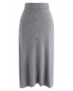 Button Front Trim Ribbed Knit Midi Skirt in Grey
