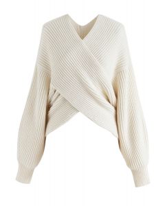 Crisscross Ribbed Knit Crop Sweater in Ivory