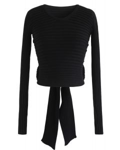Bowknot Back Crop Ribbed Knit Top in Black