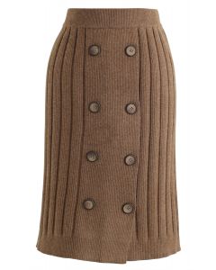 Button Ribbed Knit Pencil Skirt in Brown