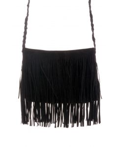 Black Fringe Knit Strap Shoulder Bag