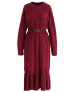 Braid Texture Belted Frill Hem Knit Dress in Red