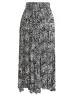 Leopard Print Pleated Midi Skirt in Black