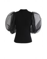 Fitted Organza Bubble Sleeves Knit Top in Black