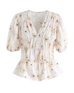 Floral Button Down Shirred Top in Beige