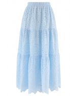 Frill Hem Broderie Cotton Midi Skirt in Baby Blue