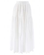 Frill Hem Broderie Cotton Midi Skirt in White