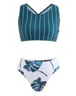 Stripe Print Crisscross Back Tropical Leaf  Bikini Set