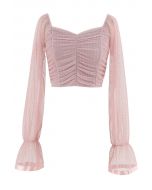Ruched Dot Mesh Sweetheart Neck Crop Top in Pink