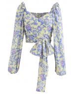 Puff Sleeves Floral Shirred Wrapped Crop Top
